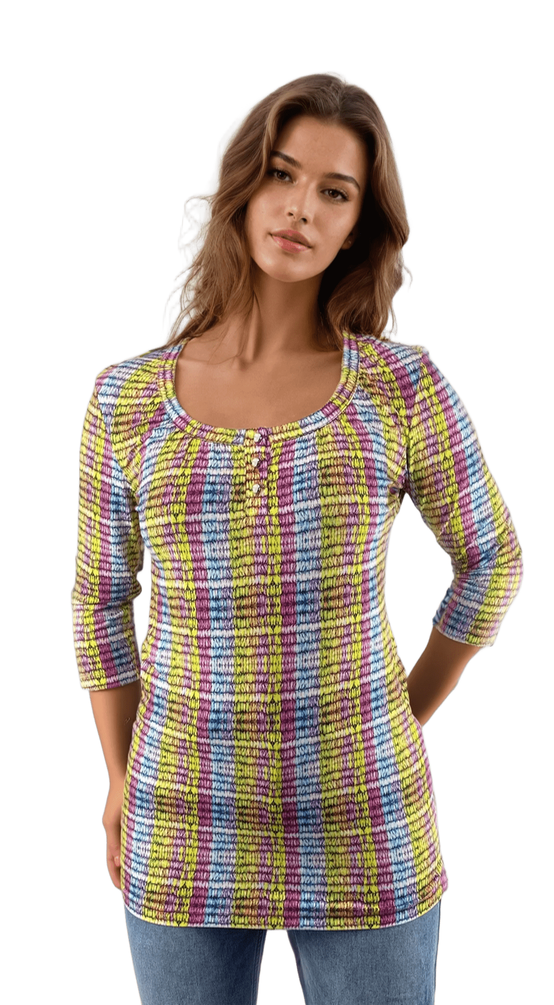 Tunique femme - T-shirt à manches 3/4, col rond et boutons