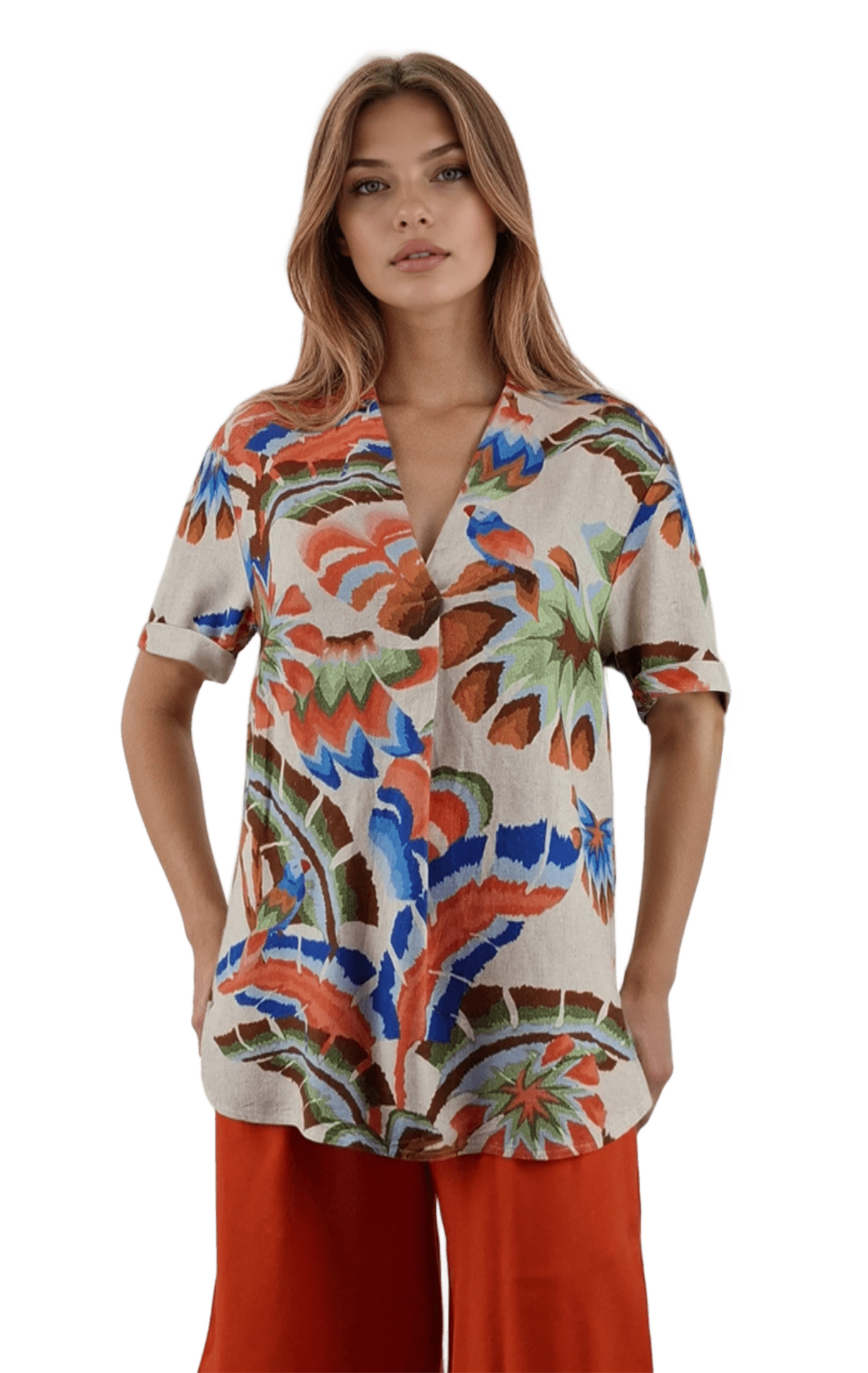 Chemise-tunique en lin pour femme, à manches courtes et col pointu