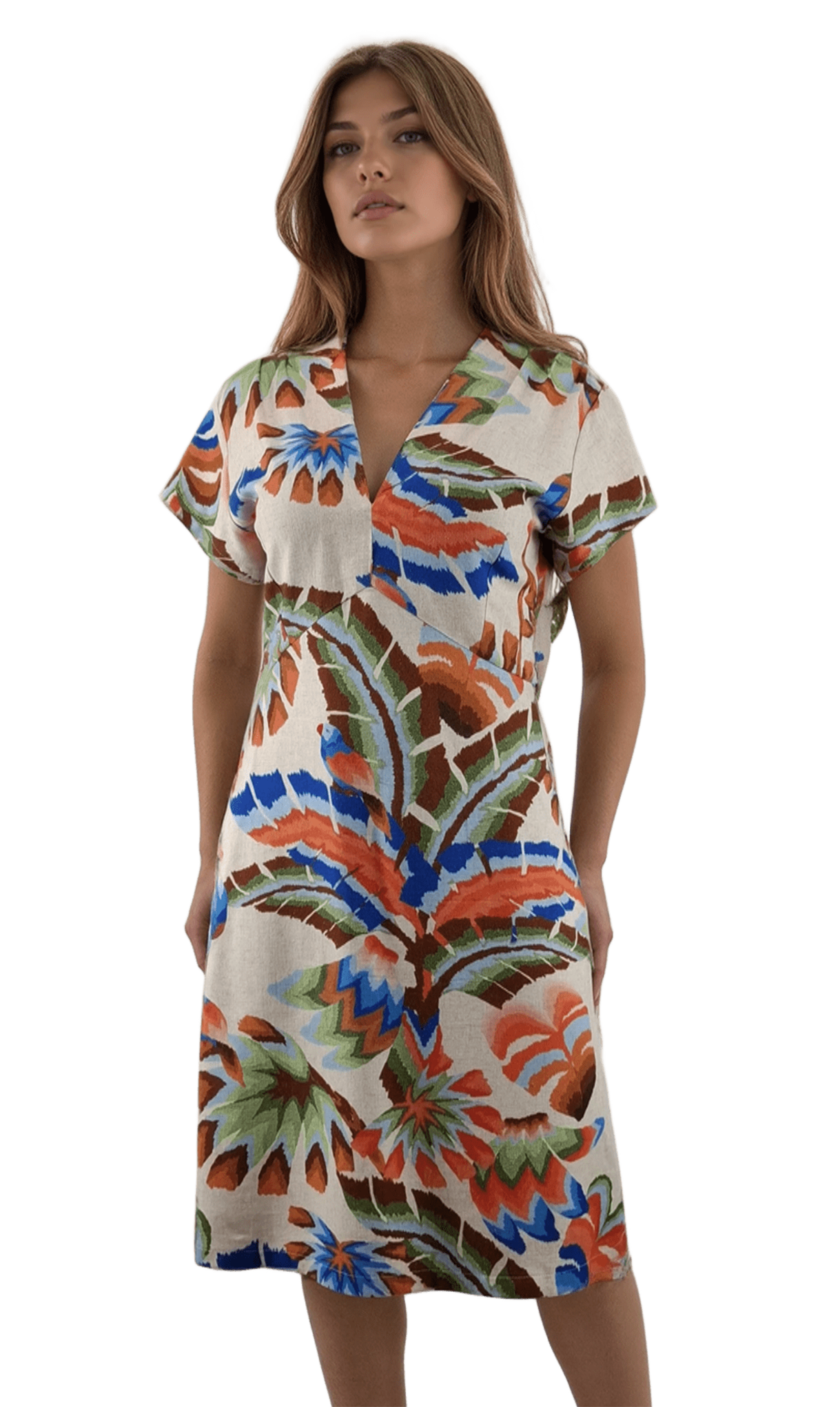 Robe en lin pour femme, à manches courtes et décolleté pointu